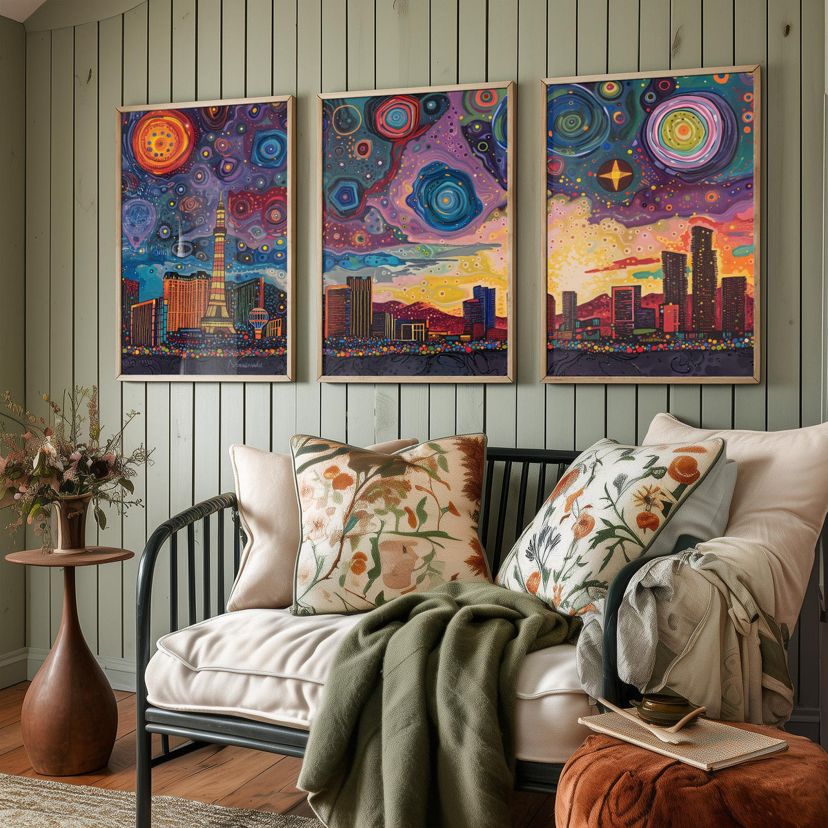 Las Vegas Nevada Set of Three Prints | Strip Eiffel Tower Casino Skyline | Starry Night Cityscape Art Print Poster Painting