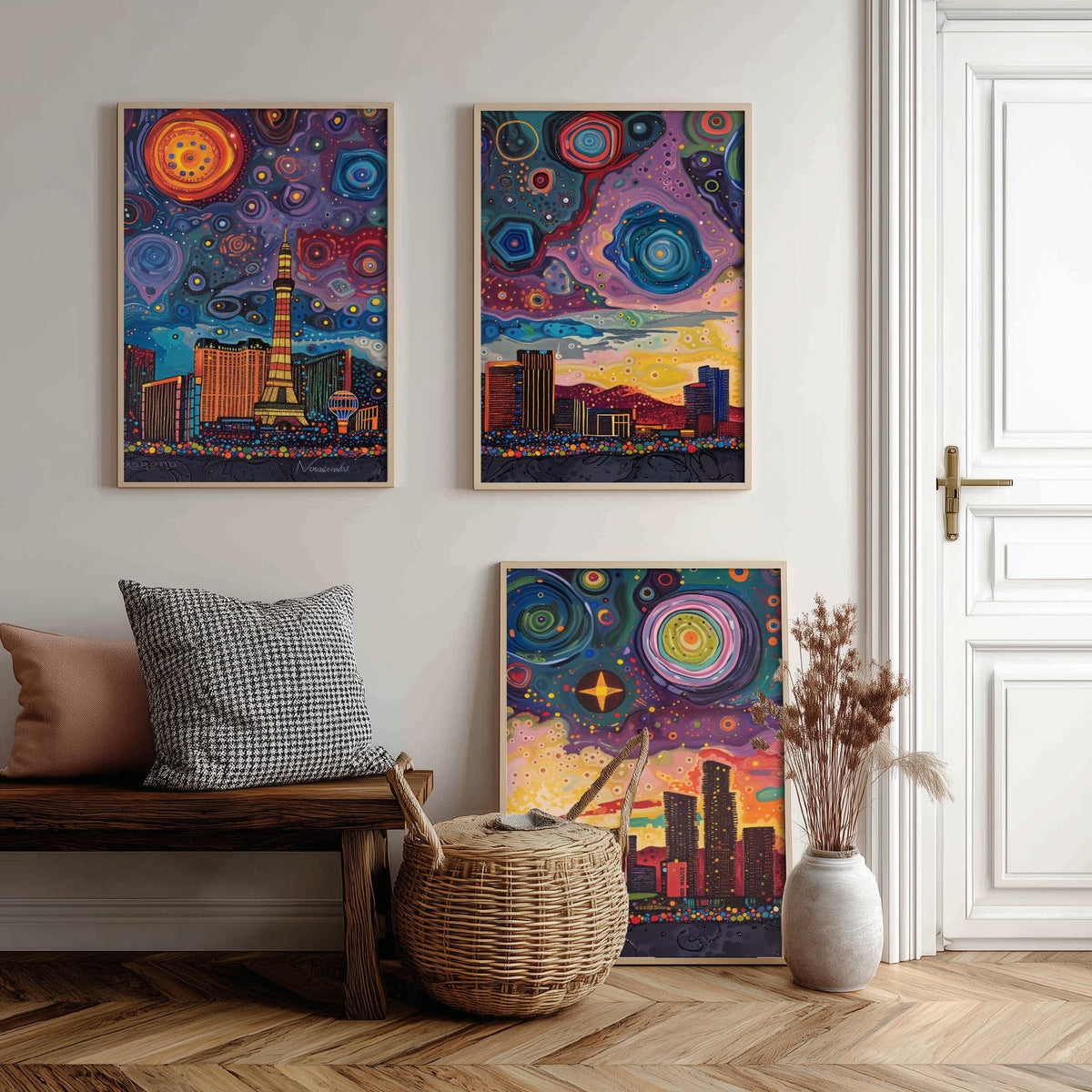 Las Vegas Nevada Set of Three Prints | Strip Eiffel Tower Casino Skyline | Starry Night Cityscape Art Print Poster Painting