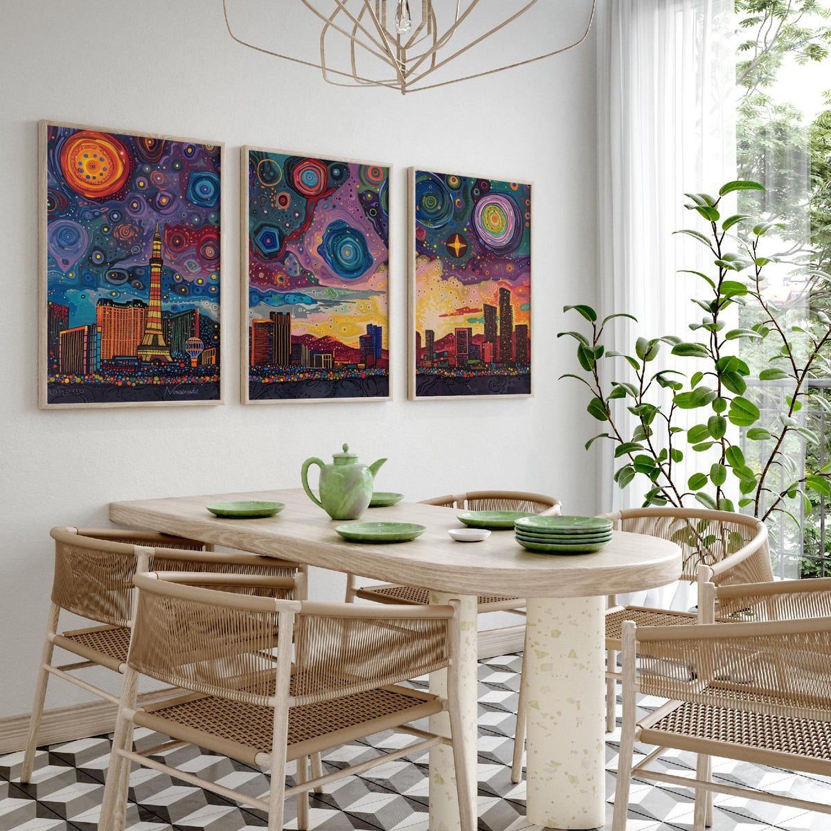 Las Vegas Nevada Set of Three Prints | Strip Eiffel Tower Casino Skyline | Starry Night Cityscape Art Print Poster Painting