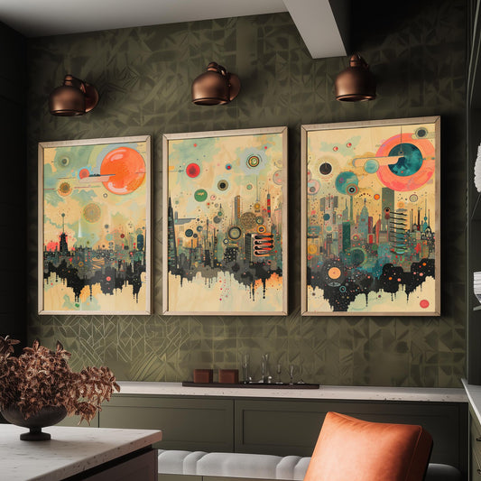 London England Set of Three Prints | The Shard St Pauls Gherkin Skyline | Retro Cityscape Art Print Poster Illustration