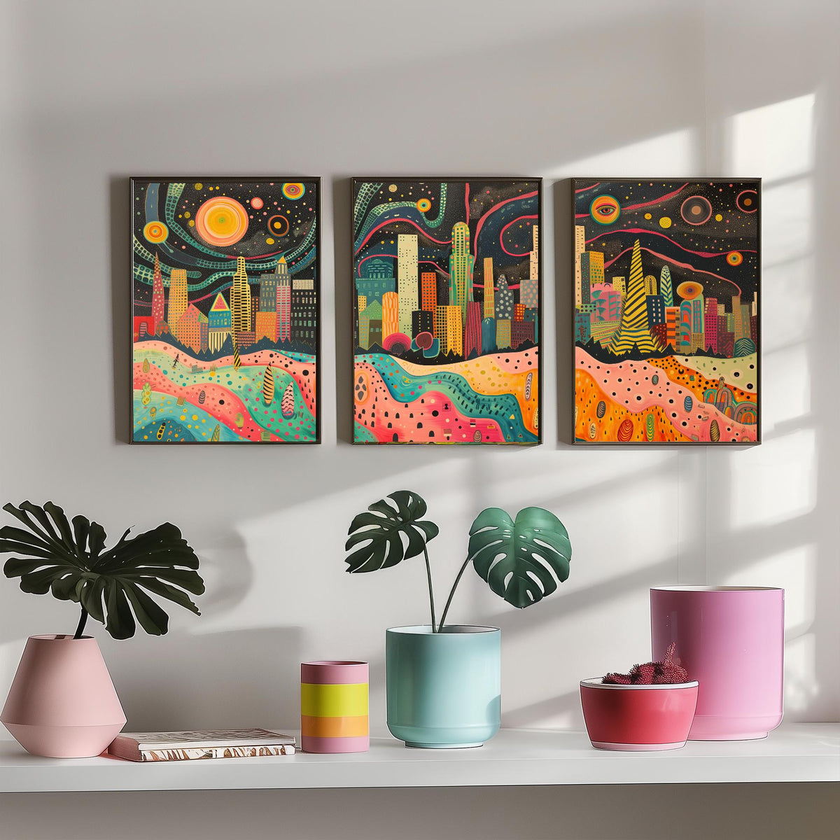 Los Angeles California Set of Three Prints | Downtown LA Skyline Skyscrapers | Folk Cityscape Art Print Poster Illustration