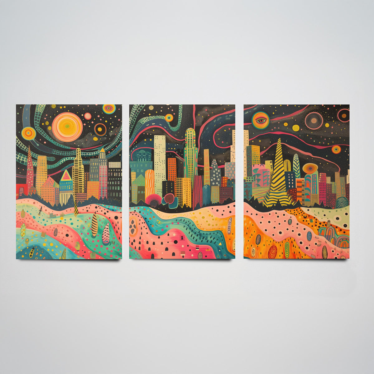 Los Angeles California Set of Three Prints | Downtown LA Skyline Skyscrapers | Folk Cityscape Art Print Poster Illustration