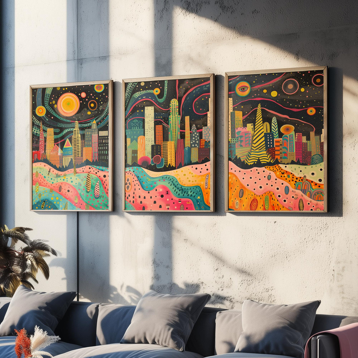 Los Angeles California Set of Three Prints | Downtown LA Skyline Skyscrapers | Folk Cityscape Art Print Poster Illustration