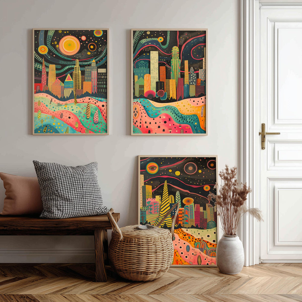 Los Angeles California Set of Three Prints | Downtown LA Skyline Skyscrapers | Folk Cityscape Art Print Poster Illustration