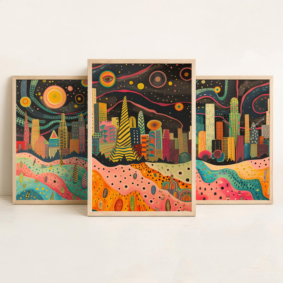 Los Angeles California Set of Three Prints | Downtown LA Skyline Skyscrapers | Folk Cityscape Art Print Poster Illustration