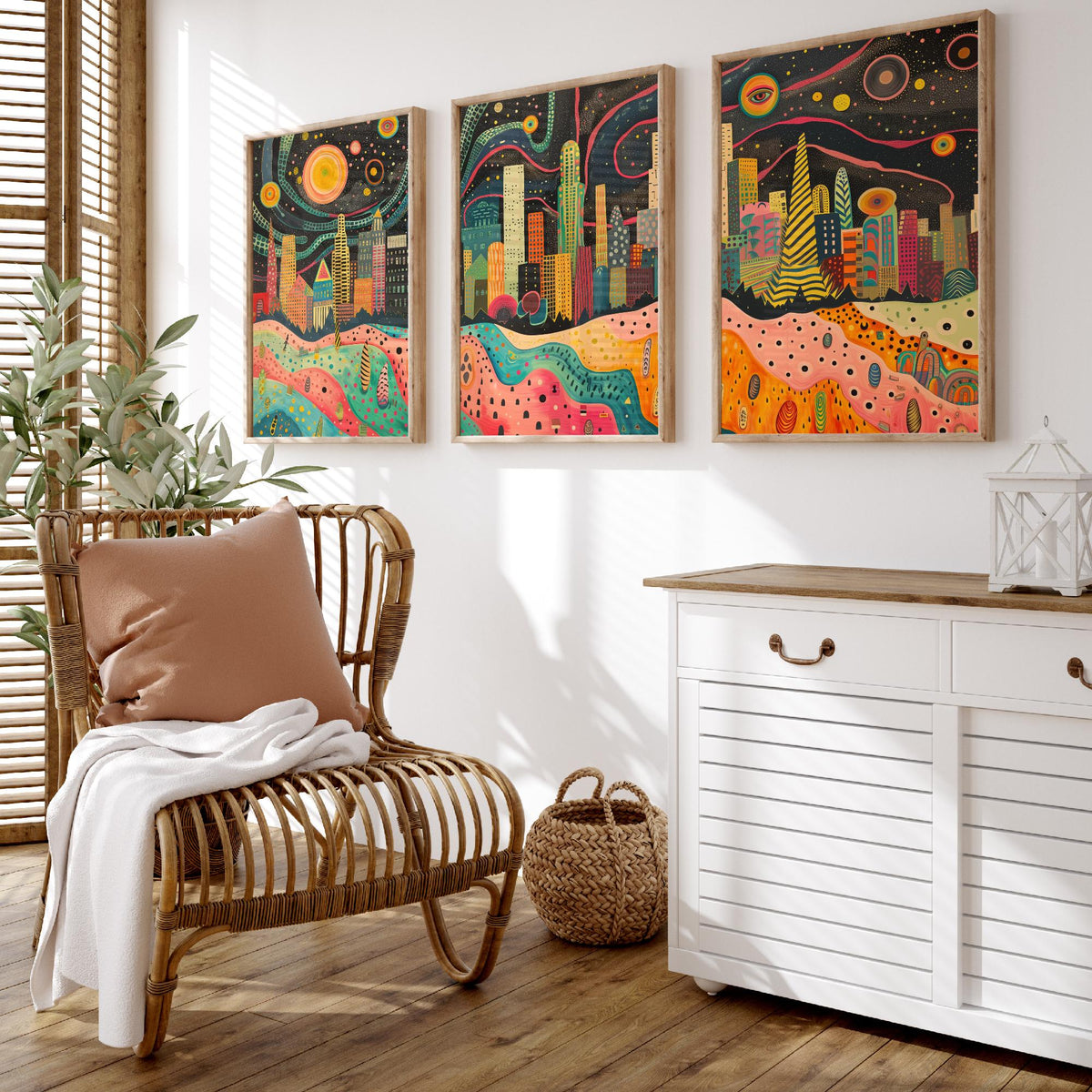 Los Angeles California Set of Three Prints | Downtown LA Skyline Skyscrapers | Folk Cityscape Art Print Poster Illustration