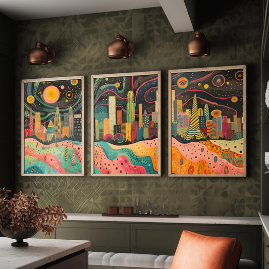 Los Angeles California Set of Three Prints | Downtown LA Skyline Skyscrapers | Folk Cityscape Art Print Poster Illustration