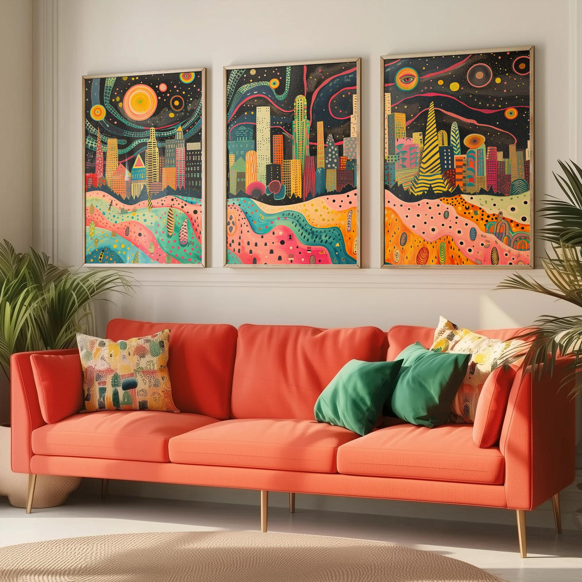 Los Angeles California Set of Three Prints | Downtown LA Skyline Skyscrapers | Folk Cityscape Art Print Poster Illustration