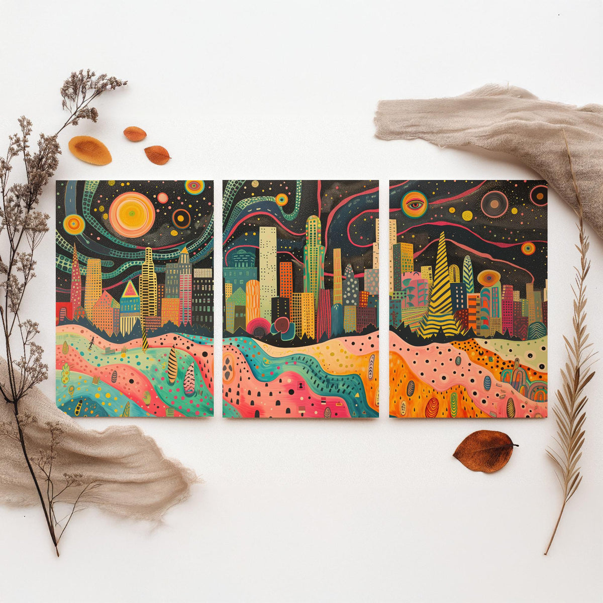 Los Angeles California Set of Three Prints | Downtown LA Skyline Skyscrapers | Folk Cityscape Art Print Poster Illustration