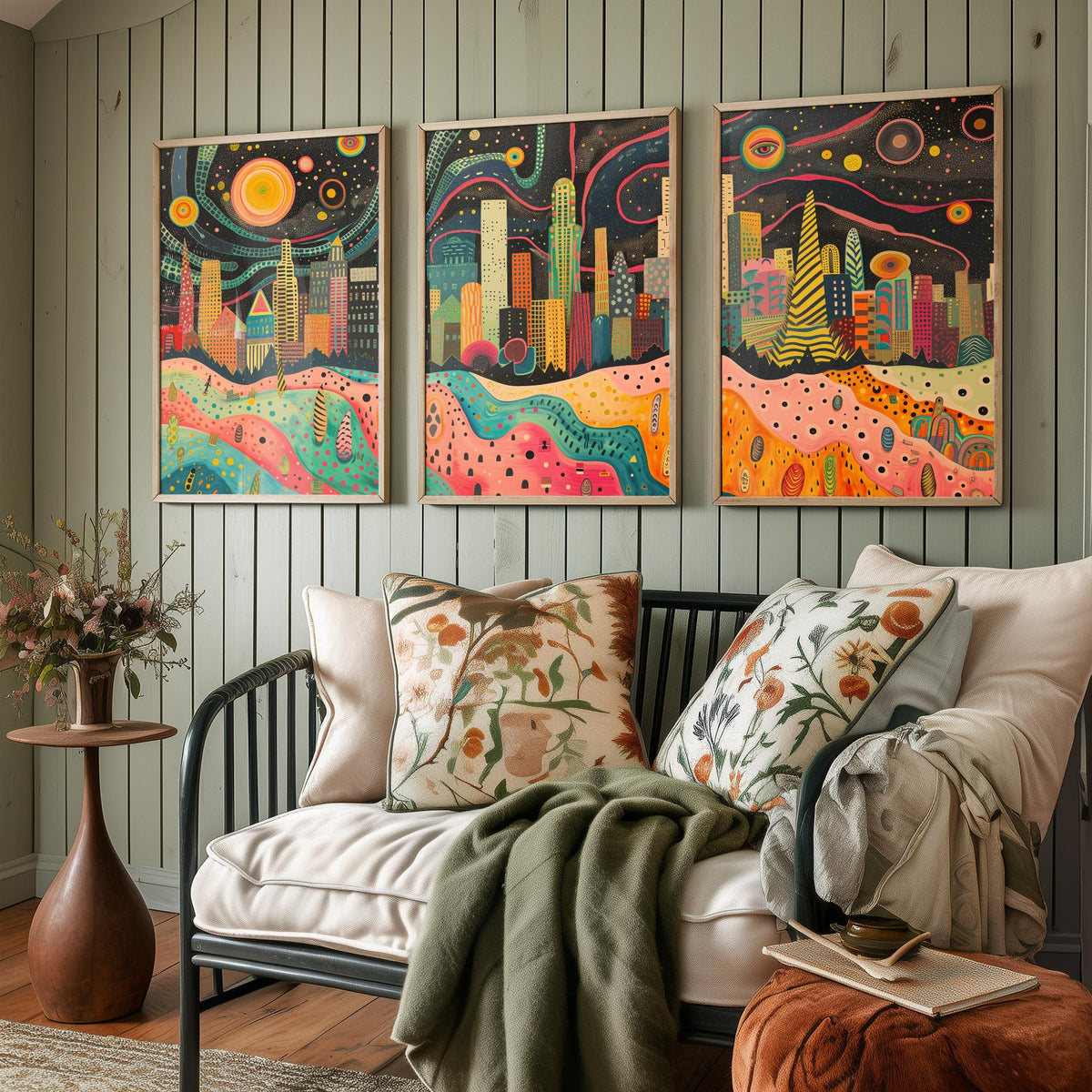 Los Angeles California Set of Three Prints | Downtown LA Skyline Skyscrapers | Folk Cityscape Art Print Poster Illustration