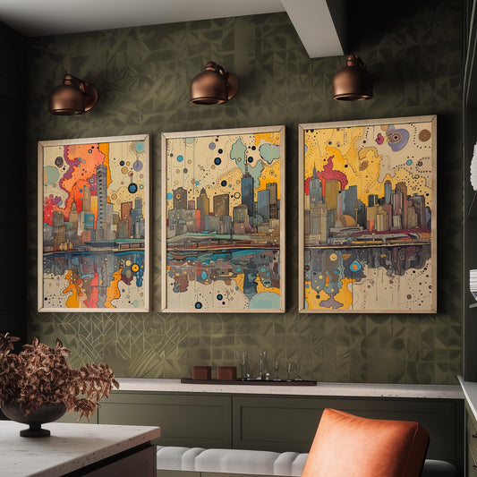 Melbourne Australia Set of Three Prints | Eureka Tower Arts Centre Yarra Skyline | Cityscape Art Print Poster Illustration