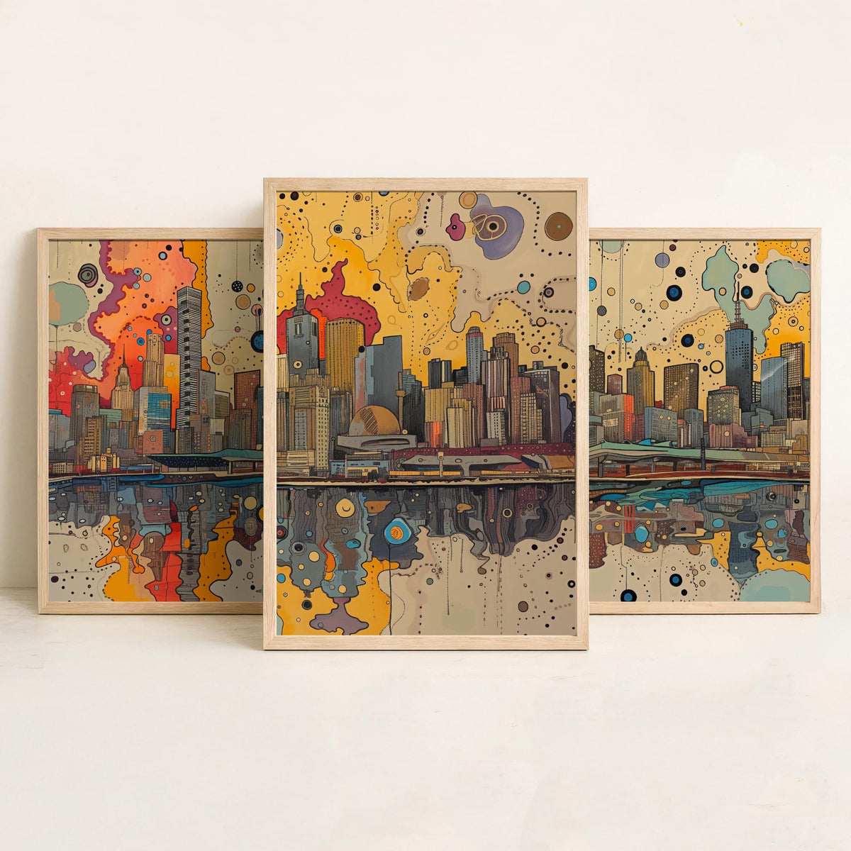 Melbourne Australia Set of Three Prints | Eureka Tower Arts Centre Yarra Skyline | Cityscape Art Print Poster Illustration