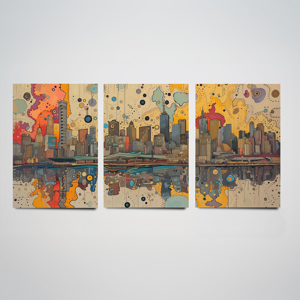Melbourne Australia Set of Three Prints | Eureka Tower Arts Centre Yarra Skyline | Cityscape Art Print Poster Illustration