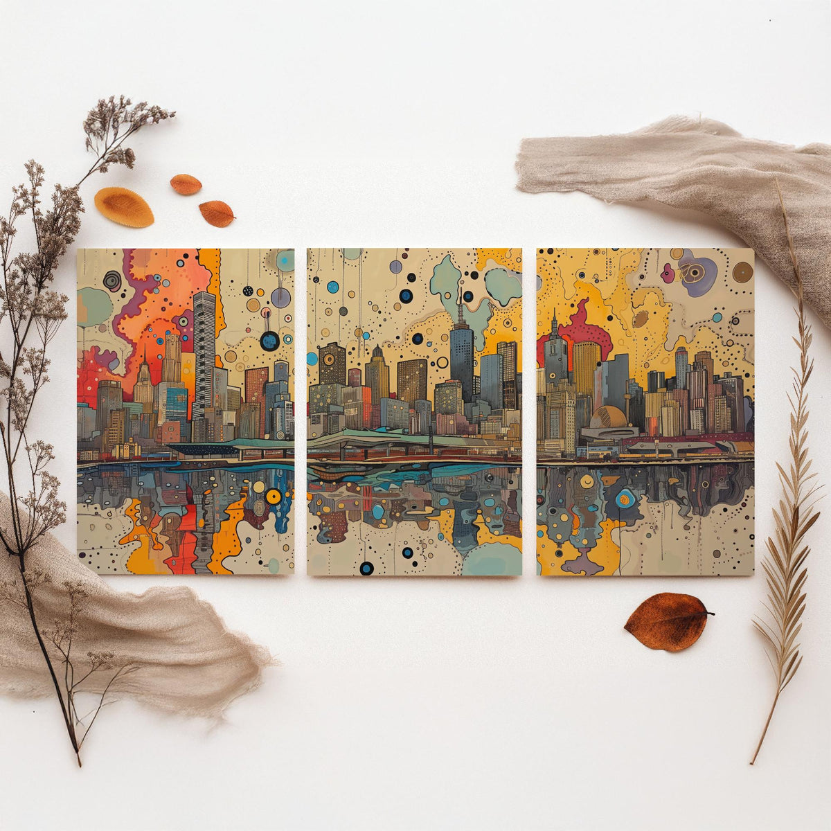Melbourne Australia Set of Three Prints | Eureka Tower Arts Centre Yarra Skyline | Cityscape Art Print Poster Illustration