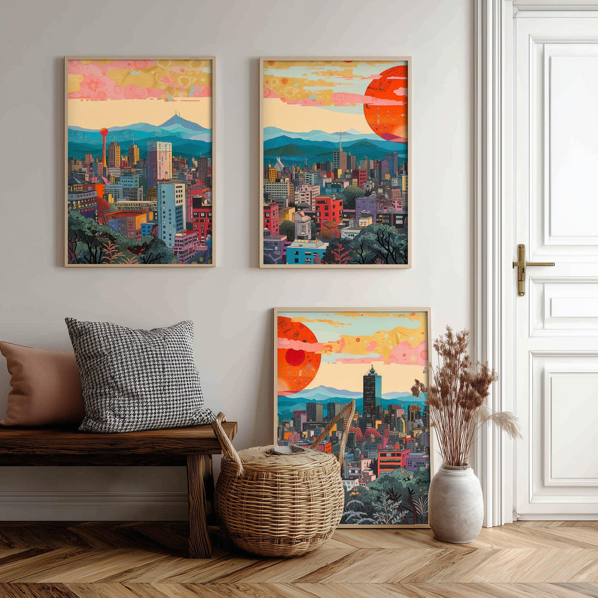 Mexico City Mexico Set of Three Prints | Torre Latinoamericana Skyline Volcanoes | Cityscape Art Print Poster Illustration