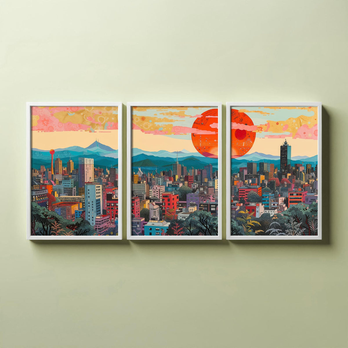 Mexico City Mexico Set of Three Prints | Torre Latinoamericana Skyline Volcanoes | Cityscape Art Print Poster Illustration