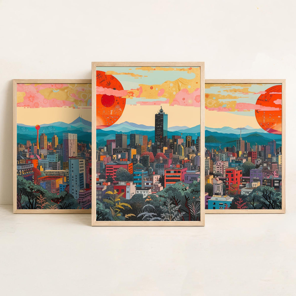 Mexico City Mexico Set of Three Prints | Torre Latinoamericana Skyline Volcanoes | Cityscape Art Print Poster Illustration