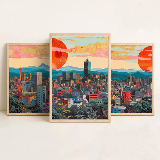 Mexico City Mexico Set of Three Prints | Torre Latinoamericana Skyline Volcanoes | Cityscape Art Print Poster Illustration