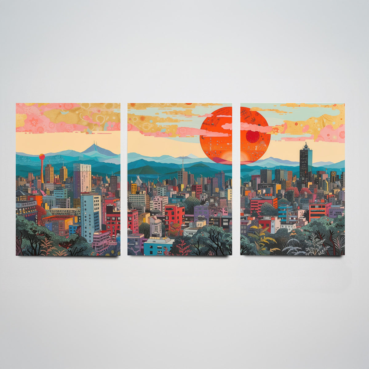 Mexico City Mexico Set of Three Prints | Torre Latinoamericana Skyline Volcanoes | Cityscape Art Print Poster Illustration