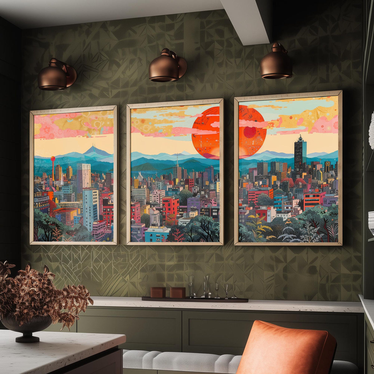 Mexico City Mexico Set of Three Prints | Torre Latinoamericana Skyline Volcanoes | Cityscape Art Print Poster Illustration