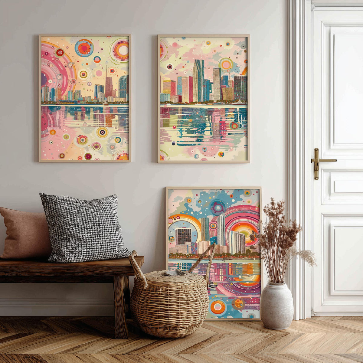 Miami Florida Set of Three Prints | Downtown Waterfront Bayfront Skyline | Pastel Cityscape Art Print Poster Illustration