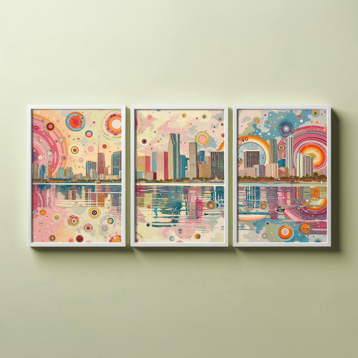 Miami Florida Set of Three Prints | Downtown Waterfront Bayfront Skyline | Pastel Cityscape Art Print Poster Illustration