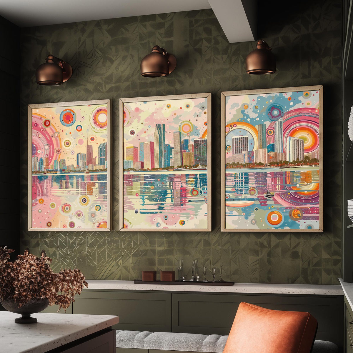 Miami Florida Set of Three Prints | Downtown Waterfront Bayfront Skyline | Pastel Cityscape Art Print Poster Illustration