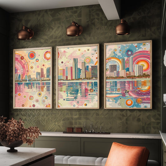 Miami Florida Set of Three Prints | Downtown Waterfront Bayfront Skyline | Pastel Cityscape Art Print Poster Illustration