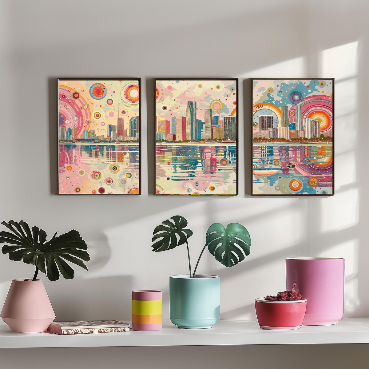 Miami Florida Set of Three Prints | Downtown Waterfront Bayfront Skyline | Pastel Cityscape Art Print Poster Illustration