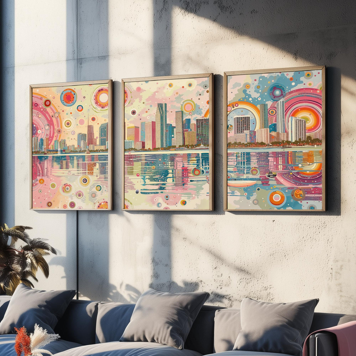 Miami Florida Set of Three Prints | Downtown Waterfront Bayfront Skyline | Pastel Cityscape Art Print Poster Illustration