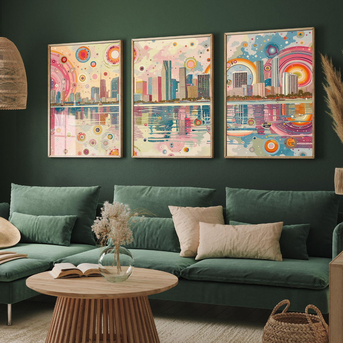 Miami Florida Set of Three Prints | Downtown Waterfront Bayfront Skyline | Pastel Cityscape Art Print Poster Illustration