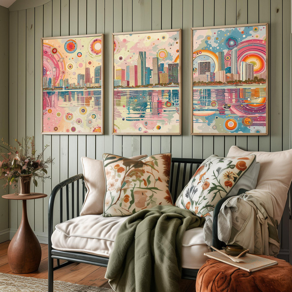 Miami Florida Set of Three Prints | Downtown Waterfront Bayfront Skyline | Pastel Cityscape Art Print Poster Illustration