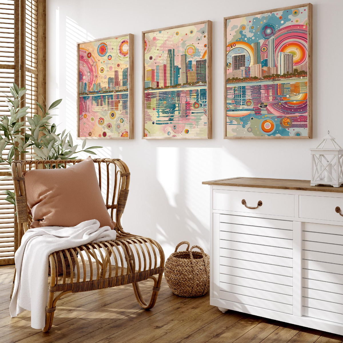 Miami Florida Set of Three Prints | Downtown Waterfront Bayfront Skyline | Pastel Cityscape Art Print Poster Illustration