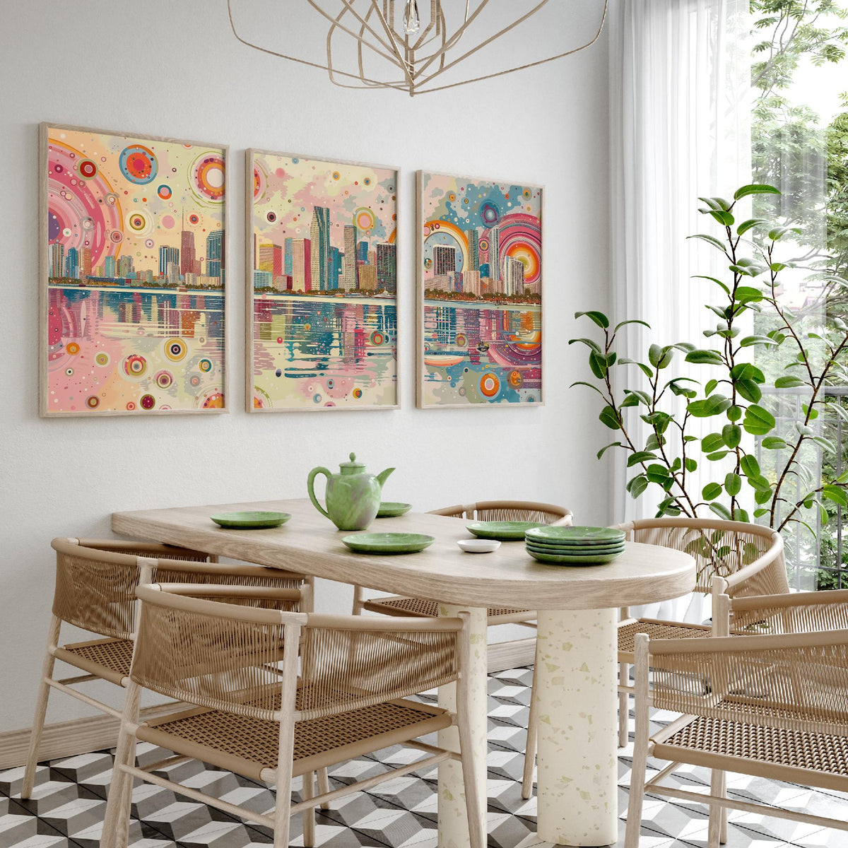 Miami Florida Set of Three Prints | Downtown Waterfront Bayfront Skyline | Pastel Cityscape Art Print Poster Illustration