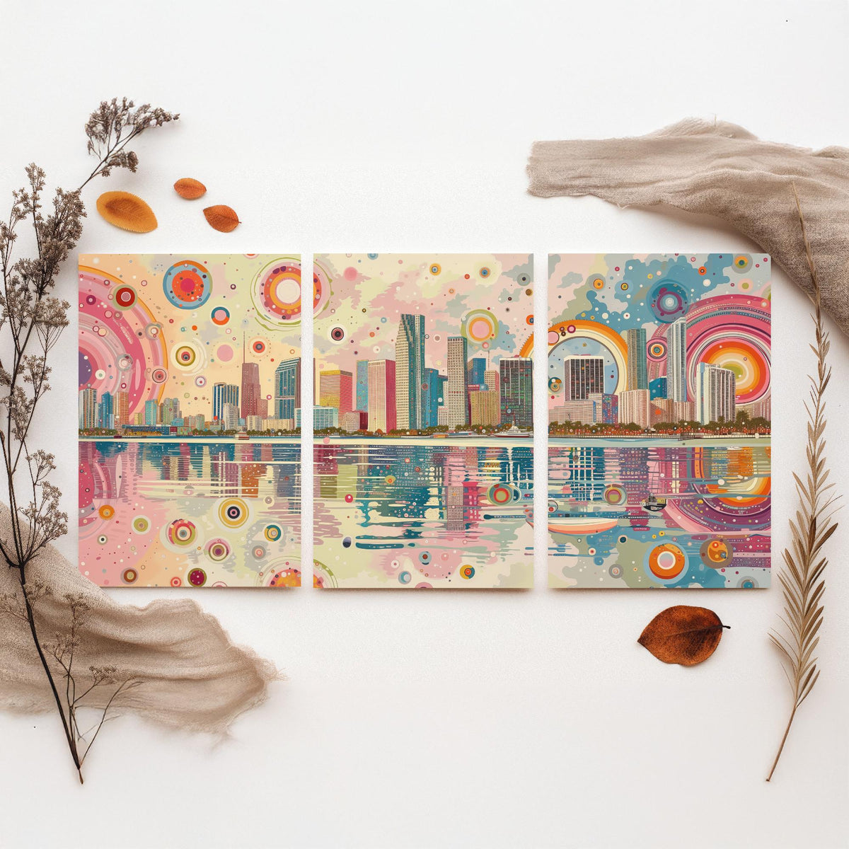 Miami Florida Set of Three Prints | Downtown Waterfront Bayfront Skyline | Pastel Cityscape Art Print Poster Illustration