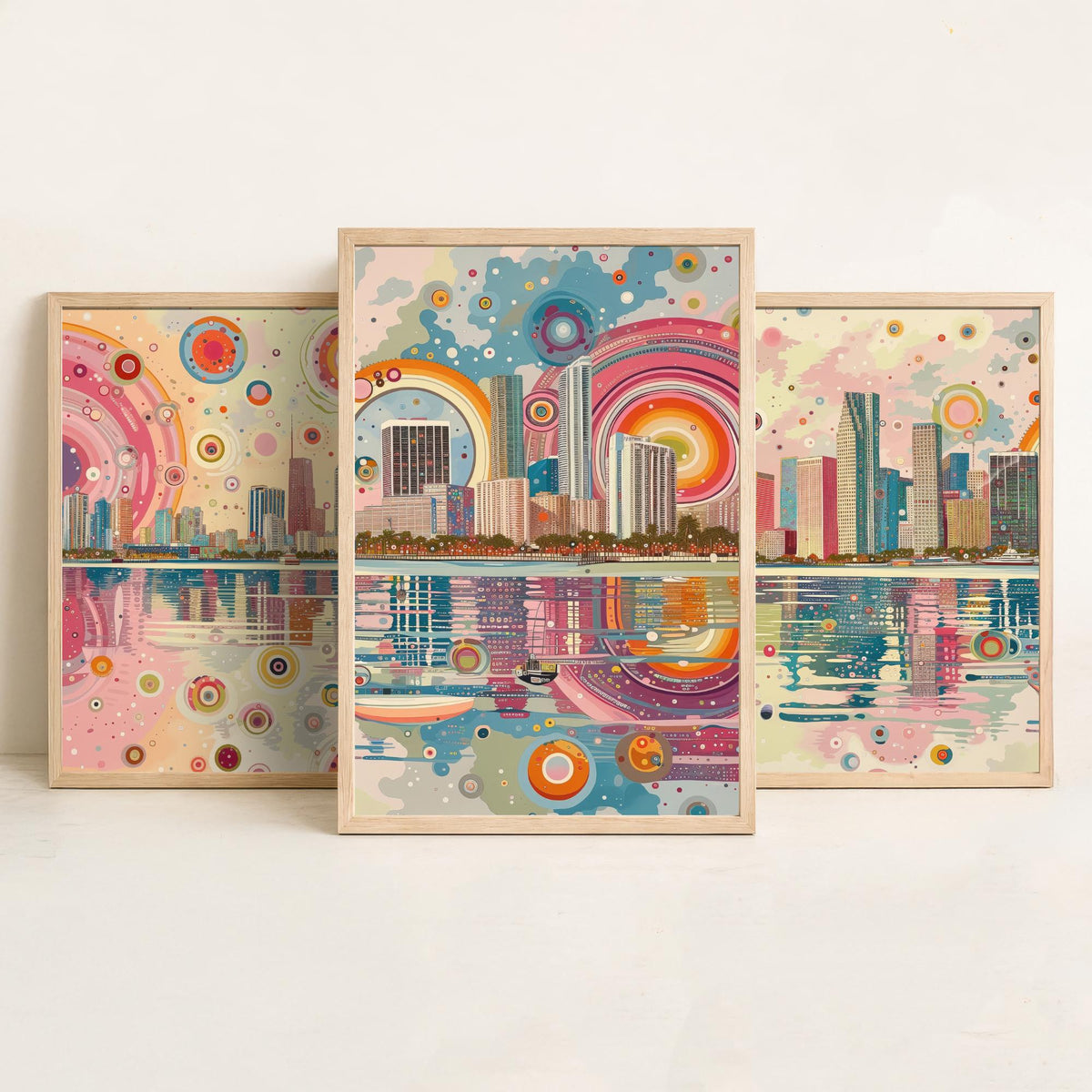 Miami Florida Set of Three Prints | Downtown Waterfront Bayfront Skyline | Pastel Cityscape Art Print Poster Illustration