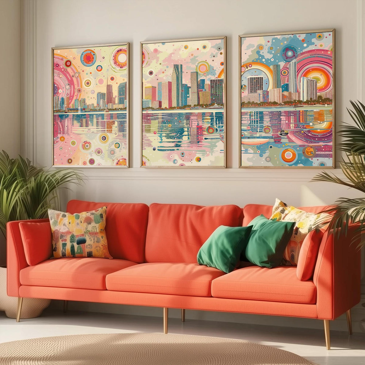 Miami Florida Set of Three Prints | Downtown Waterfront Bayfront Skyline | Pastel Cityscape Art Print Poster Illustration
