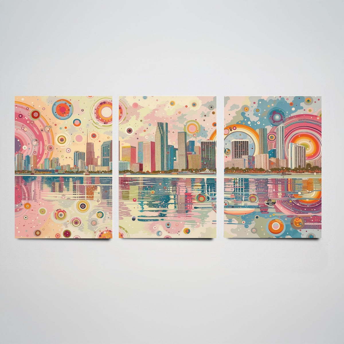 Miami Florida Set of Three Prints | Downtown Waterfront Bayfront Skyline | Pastel Cityscape Art Print Poster Illustration