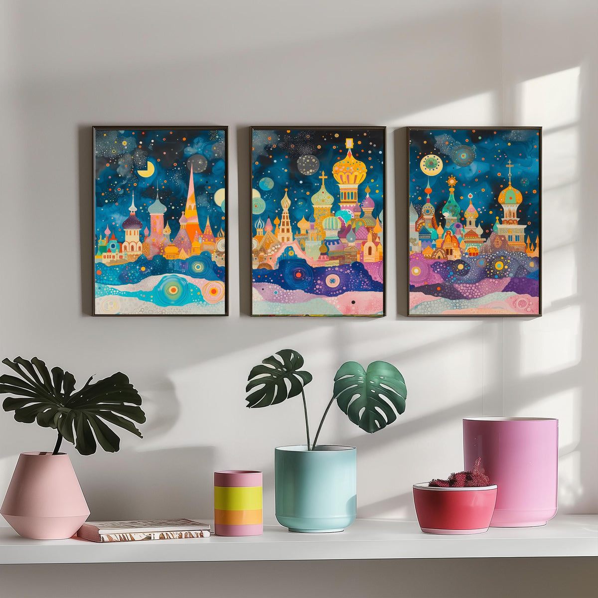 Moscow Russia Set of Three Prints | St Basils Kremlin Onion Domes | Whimsical Skyline Art Print Poster Watercolour