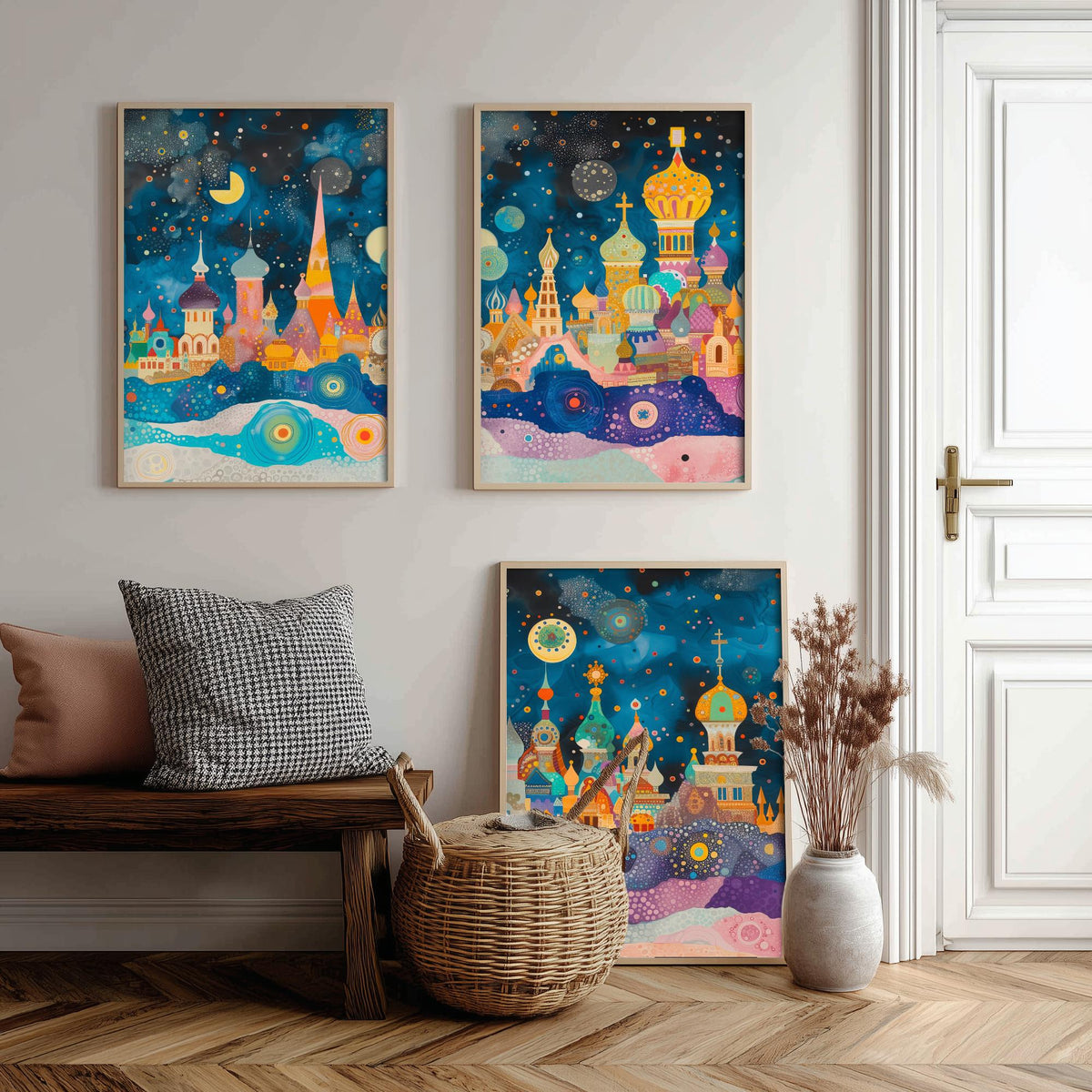 Moscow Russia Set of Three Prints | St Basils Kremlin Onion Domes | Whimsical Skyline Art Print Poster Watercolour