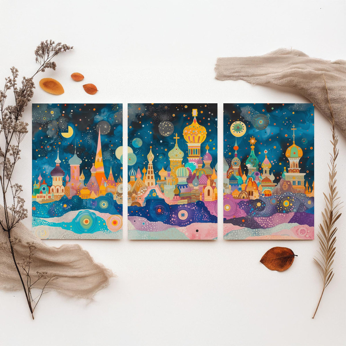 Moscow Russia Set of Three Prints | St Basils Kremlin Onion Domes | Whimsical Skyline Art Print Poster Watercolour