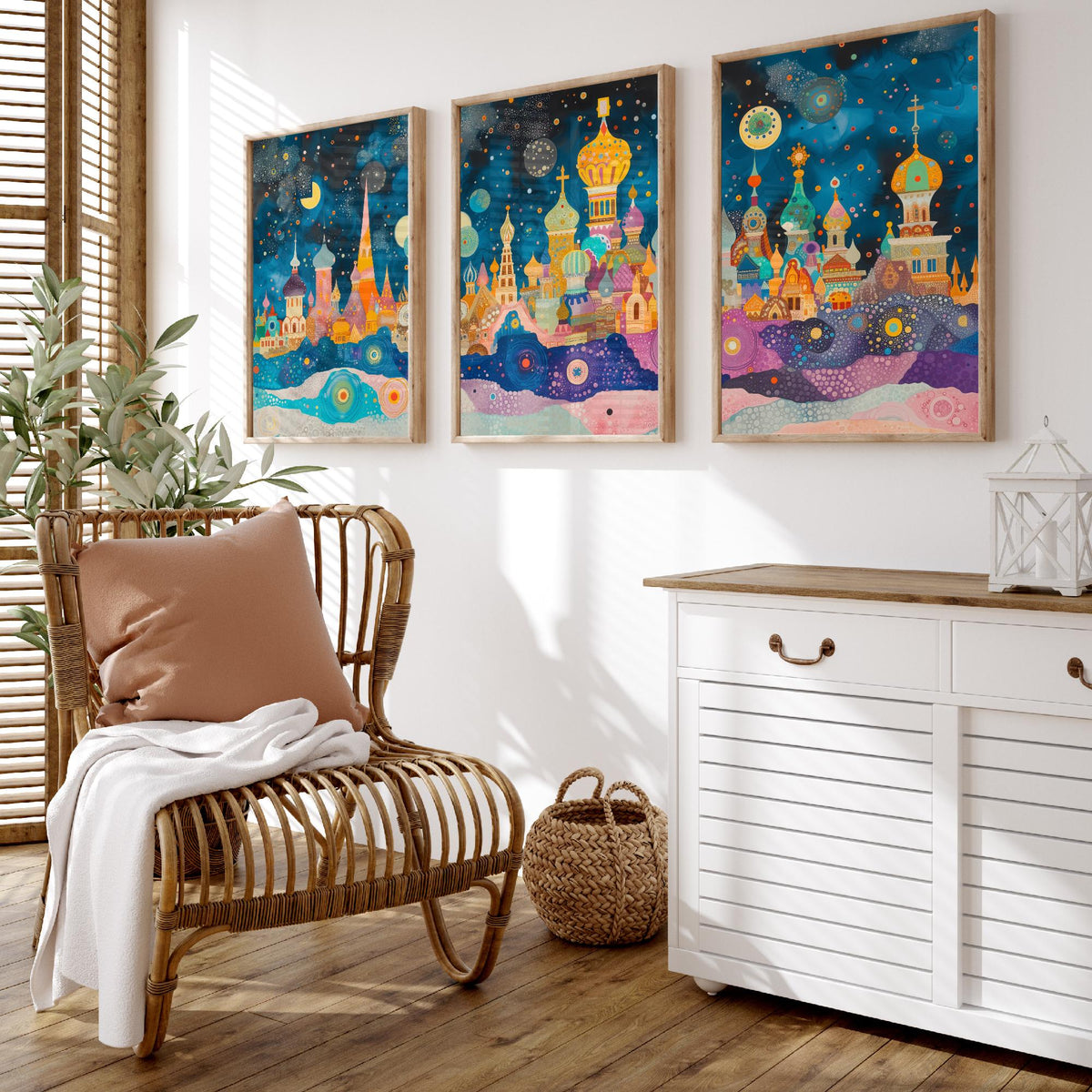 Moscow Russia Set of Three Prints | St Basils Kremlin Onion Domes | Whimsical Skyline Art Print Poster Watercolour