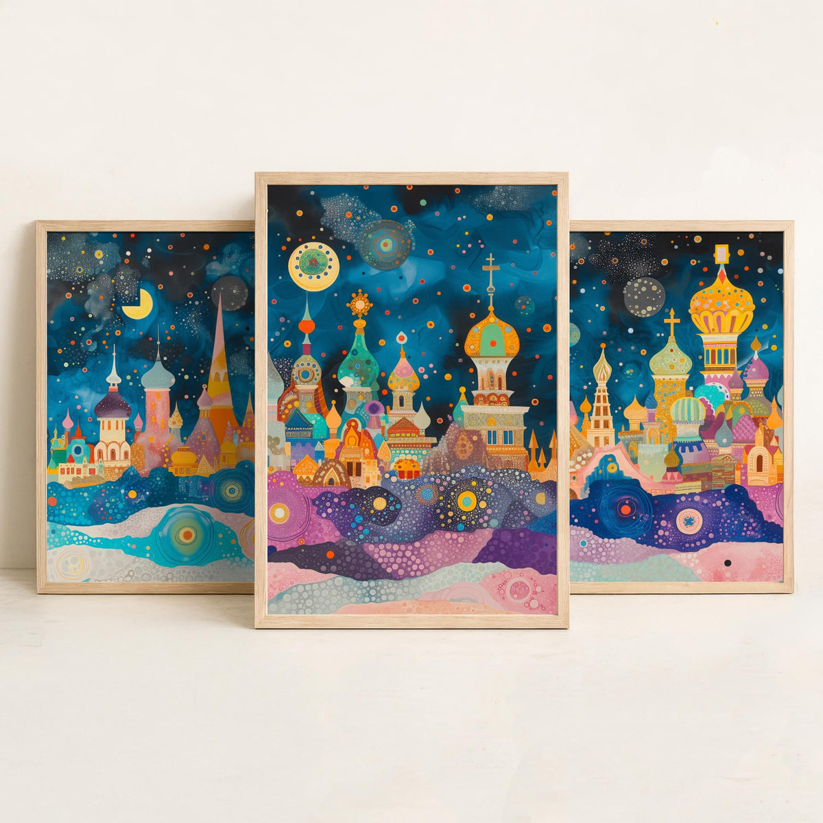 Moscow Russia Set of Three Prints | St Basils Kremlin Onion Domes | Whimsical Skyline Art Print Poster Watercolour