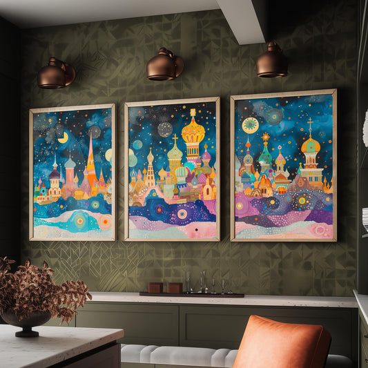 Moscow Russia Set of Three Prints | St Basils Kremlin Onion Domes | Whimsical Skyline Art Print Poster Watercolour