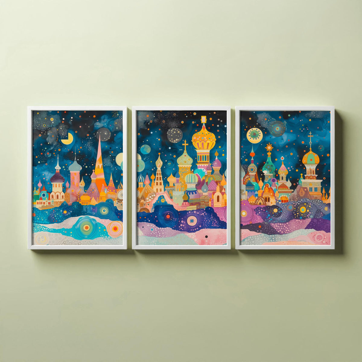 Moscow Russia Set of Three Prints | St Basils Kremlin Onion Domes | Whimsical Skyline Art Print Poster Watercolour