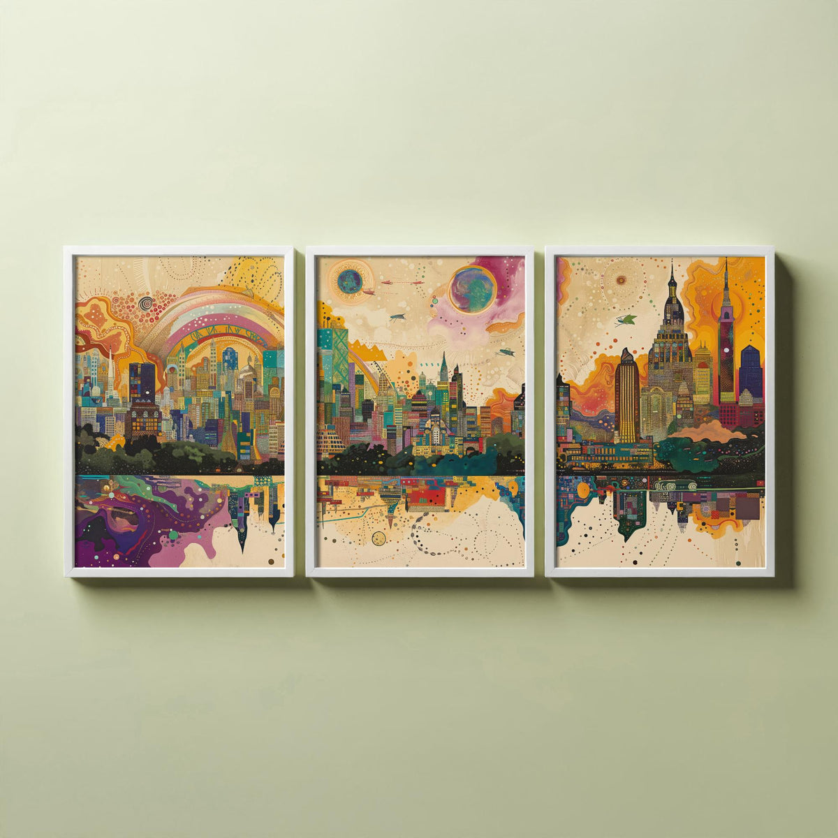 Mumbai India Set of Three Prints | Sea Link Arch Skyline Skyscrapers | Vibrant Cityscape Art Print Poster Illustration