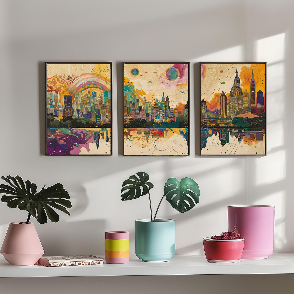 Mumbai India Set of Three Prints | Sea Link Arch Skyline Skyscrapers | Vibrant Cityscape Art Print Poster Illustration