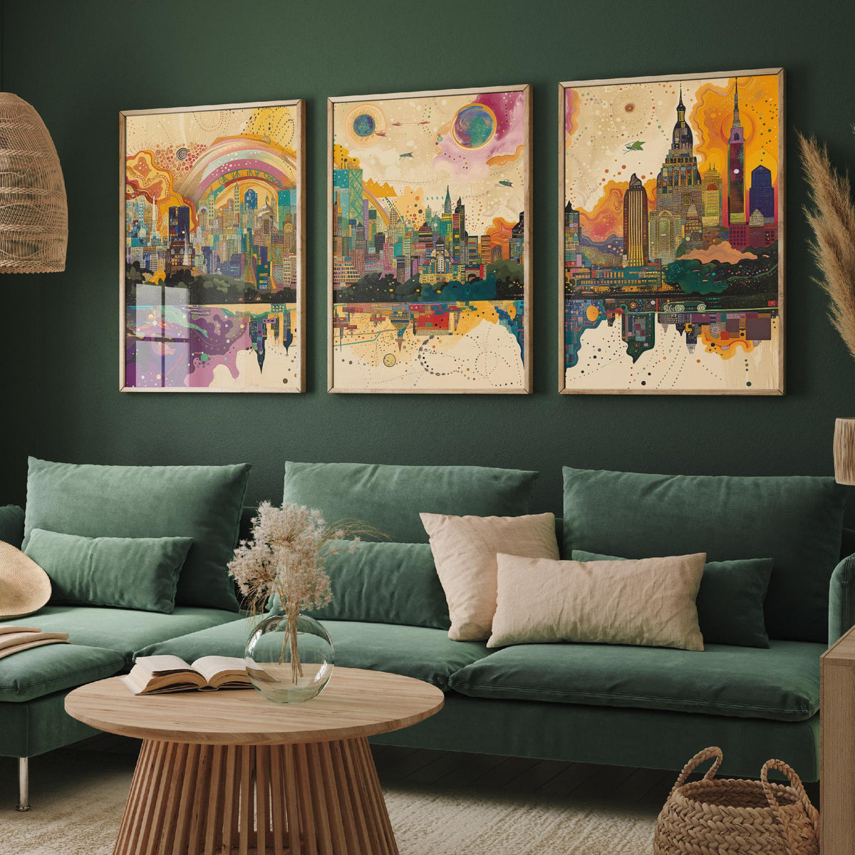 Mumbai India Set of Three Prints | Sea Link Arch Skyline Skyscrapers | Vibrant Cityscape Art Print Poster Illustration