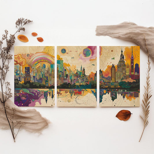 Mumbai India Set of Three Prints | Sea Link Arch Skyline Skyscrapers | Vibrant Cityscape Art Print Poster Illustration