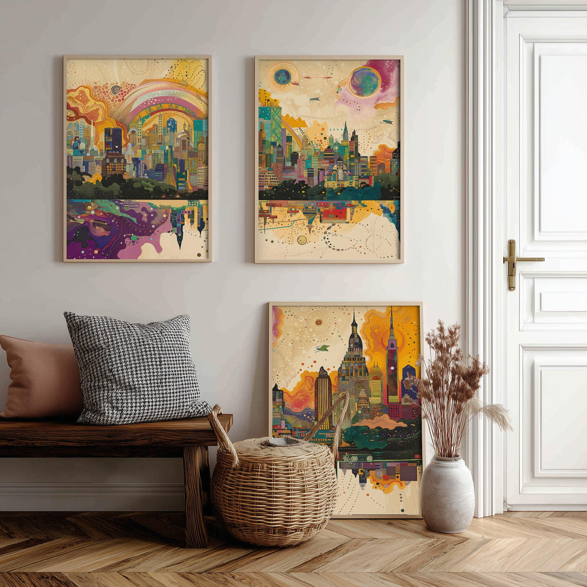 Mumbai India Set of Three Prints | Sea Link Arch Skyline Skyscrapers | Vibrant Cityscape Art Print Poster Illustration